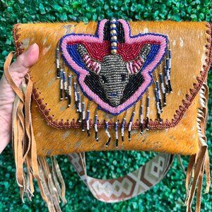 New boho Fur fringed tassels cow beaded bumbag CrossBody shoulder Clutch bag